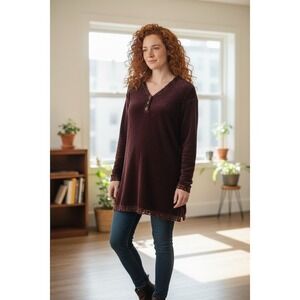 Yarnworks Women's Chocolate Brown‎ Tunic Top L L/S crochet edges chenille velour